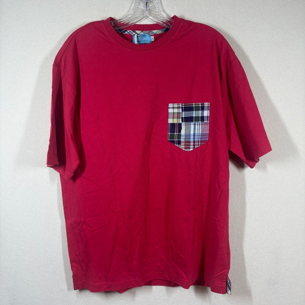 NOS Castaway Nantucket Island Cliffside‎ Tee Crimson Red Madras Pocket Mens M